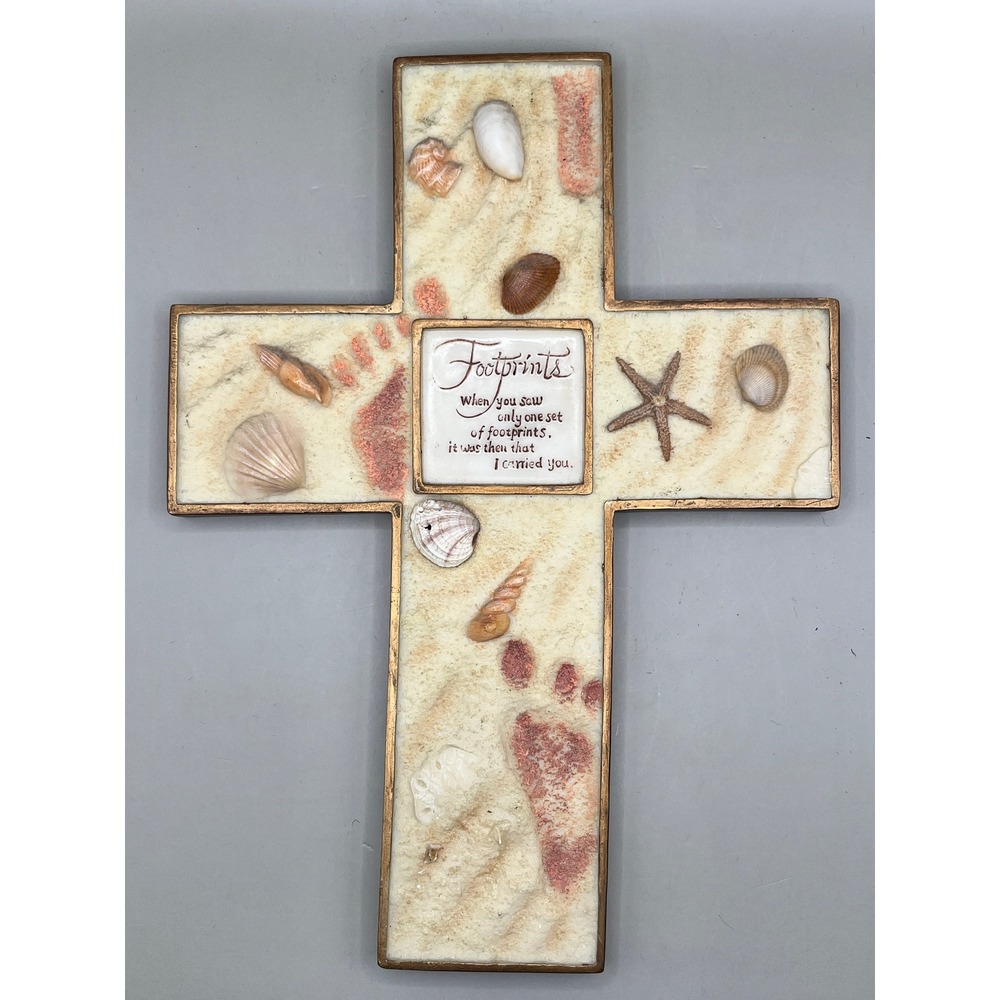 Footprints in the Sand Wall Cross Beach Seashell Starfish Religious Decor 11.5"